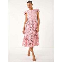 Roman Crochet Floral Lace Midi Dress - Light Pink