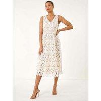 Roman Lace Overlay V-Neck Midi Dress - Ivory