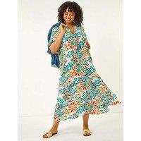 Roman Curve Printed V-Neck Midi Dress - Blue