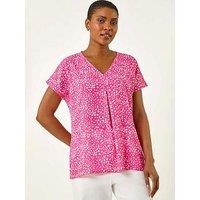 Roman Spot Print V-Neck Pleat Front Top - Pink