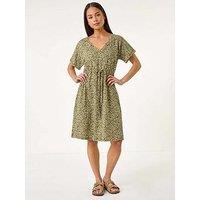 Roman Petite Disty Floral Tie Waist Dress - Khaki