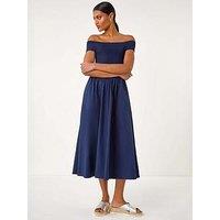 Roman Shirred Cotton Midi Dress - Navy