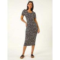 Roman Dusk Abstract Print Stretch Midi Dress - Black