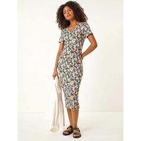 Roman Dusk Floral Print Stretch Midi Dress - Blue