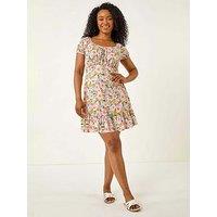 Roman Petite Floral Print Frill Stretch Dress - Light Pink