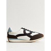 New Look White And Brown Faux Leather Contrast Cross Panel Trainers