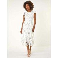 Roman Crochet Floral Lace Midi Dress - White