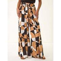 Roman Geometric Print Tie Waist Stretch Trouser - Camel