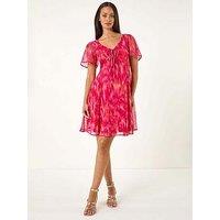Roman Dusk Blurred Foil Print Dress - Red