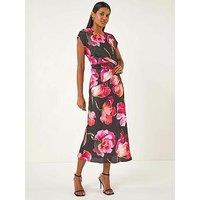 Roman Floral Printed Wrap Detail Midi Dress - Black