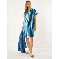 Roman Abstract Printed Linen Shift Dress - Blue
