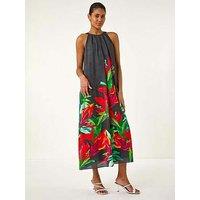 Roman Floral Watercolour Motif Midi Dress - Black
