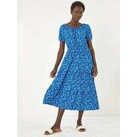 Roman Ditsy Print Frill Stretch Midi Dress - Royal Blue