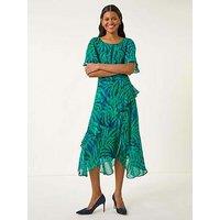 Roman Leaf Print Chiffon Frill Midi Dress - Teal