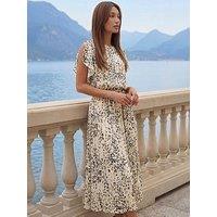 Roman Animal Print Split Sleeve Midi Dress - Cream
