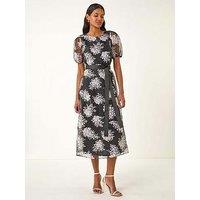 Roman Floral Organza Belted Dress - Black