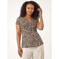 Roman Petite Animal Print Knot Stretch Top - Black