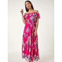 Roman Floral Print Bardot Belted Maxi Dress - Pink