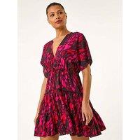 Roman Abstract Print Boho Mini Dress - Fuchsia