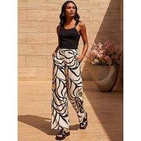 Roman Mono Floral Palm Print Wide Leg Trouser - Black