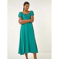 Roman Puff Sleeve Linen Mix Midi Dress - Jade Green