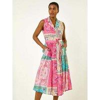 Roman Patchwork Belted Shirt Dress - Pink