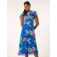 Roman Floral Chiffon Back Cape Dress - Blue