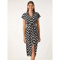 Roman Spot Print Belted Midi Dress - Black