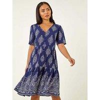 Roman Petite Border Print Tiered Dress - Navy