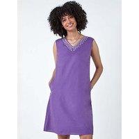 Roman Cotton Blend Embroidered Pocket Shift Dress - Purple