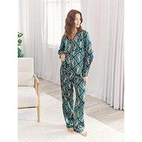 Chelsea Peers Classic Long Button Up Pyjama Set In Satin - Green