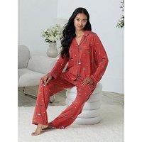 Chelsea Peers Christmas Long Button Up Set In Lenzing Modal - Red