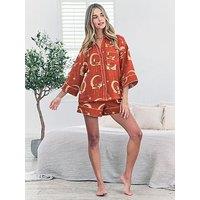 Chelsea Peers Cropped Wide Sleeve Shirt And Boxer Short Set - Orange