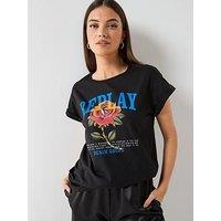 Replay Rose Logo Print T-Shirt - Black