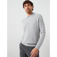 Mango Ten Cotton Pique Long Sleeve Knitted Polo Shirt - Light Grey