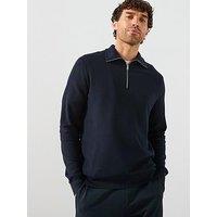 Mango Ten Cotton Pique 1/4 Zip Knitted Jumper - Navy