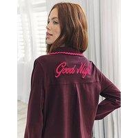 Chelsea Peers Classic Long Button Up Set With Goodnight Embroidery - Burgundy - Red