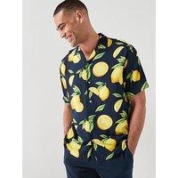 Jack & Jones Lemon Print Short Sleeve Resort Shirt - Navy Blazer