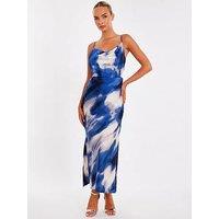 Quiz Blue Satin Marble Midaxi Dress