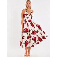 Quiz Petite Cream Satin Rose Print Midi Dress