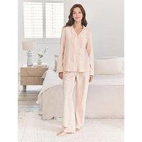 Chelsea Peers Classic Long Button Up Striped Pyjama Set In Cotton - White/Pink