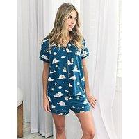 Chelsea Peers Short Sleeve Revere Short Set With Sleeping Bunny Print In Polyester - Teal