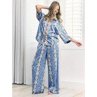 Chelsea Peers Long Button Up Set With 3/4 Length Sleeve In Moon Stripe Print In Recyled Satin