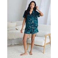 Chelsea Peers V Neck Button Up Short Set With Foil Print In Velour - Green