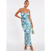 Quiz Blue Satin Marble Midaxi Dress