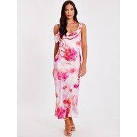 Quiz Blush Satin Tropical Print Midaxi Dres