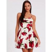 Quiz Cream Satin Rose Print Mini Dress