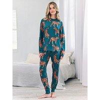 Chelsea Peers Long Sleeve Crew Neck Set With Tiger Print In Polyester - Teal