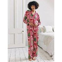 Chelsea Peers Christmas Long Button Up Pyjama Set - Red Print
