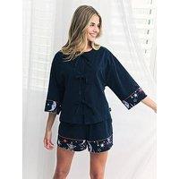 Chelsea Peers Tie Front Kimono Sleeve With Boxer Short Set - Navy